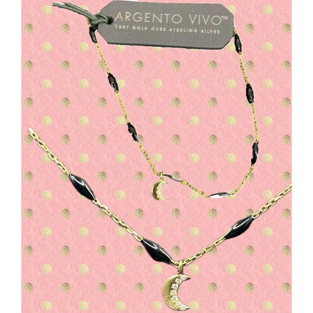 Argento Vivo Sterling Silver 14K Gp Mini Pave Crescent Moon Black Bead Necklace